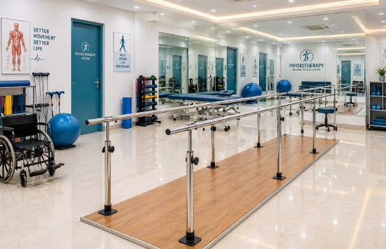 Mobility support and walking rehabilitation area with parallel bars at Dr. Harish Kumawat Physio Hospital Kuchaman